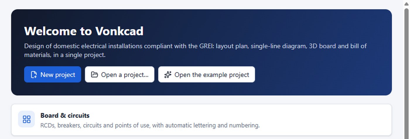 The Home screen: new project, open a file or the example project.