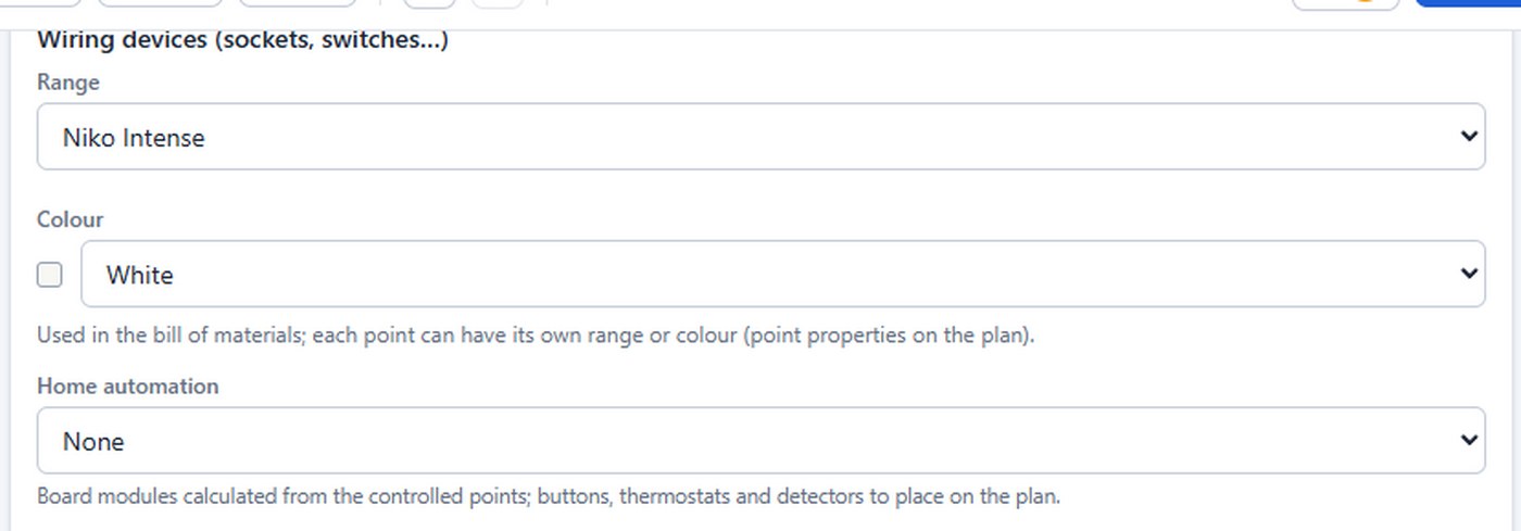 Wiring device range and colour: the references in the bill of materials follow.