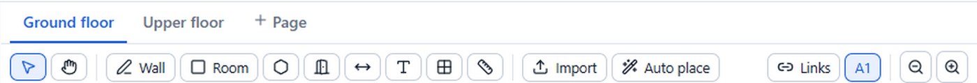 The plan toolbar: walls, rooms, openings, dimensions, import, automatic placement.