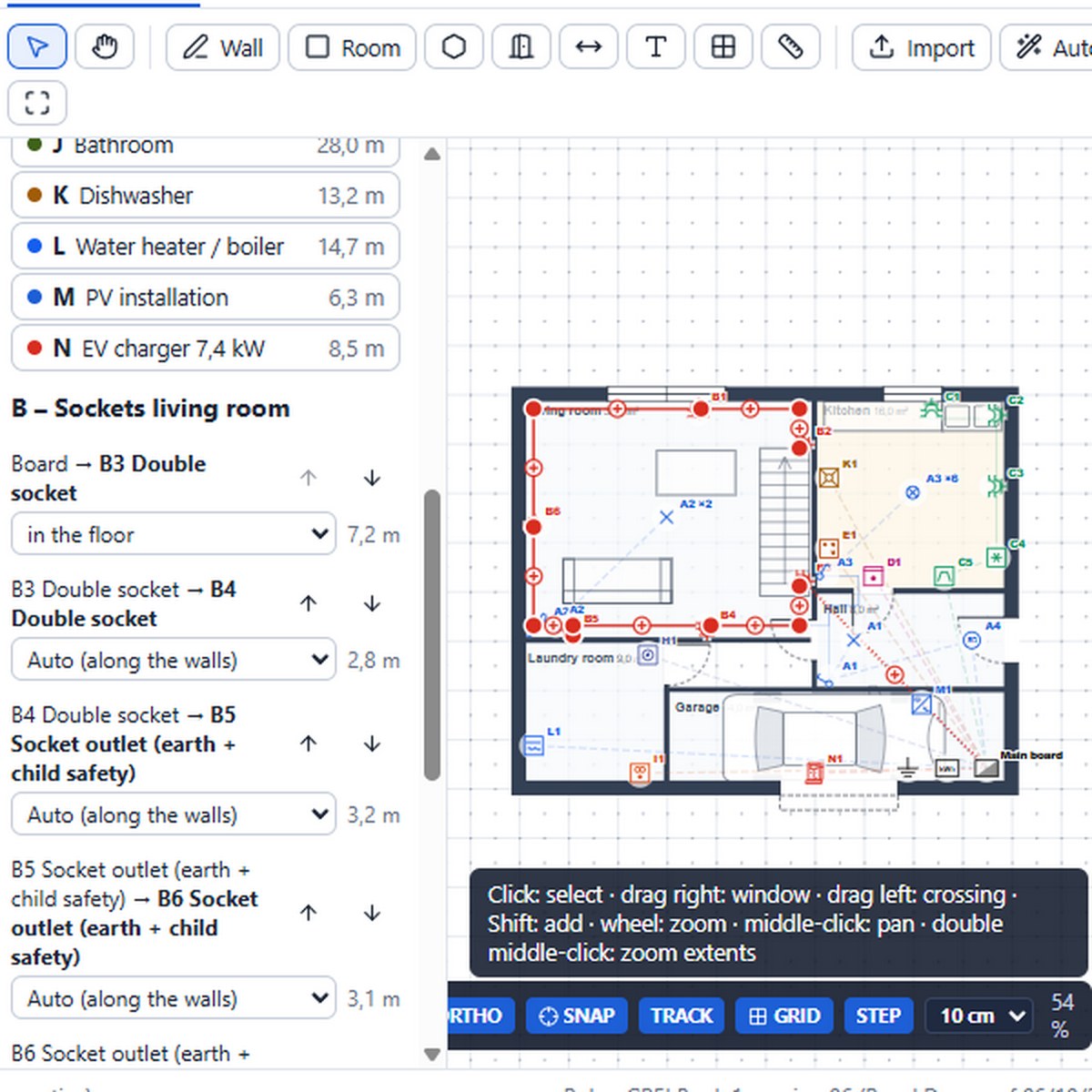 The “Sockets living room” circuit: its route and the detail of its runs.