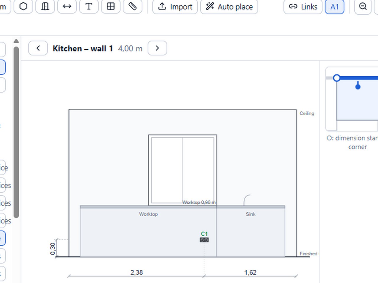 A kitchen wall: worktop at 0.90 m, height and chain dimensions.