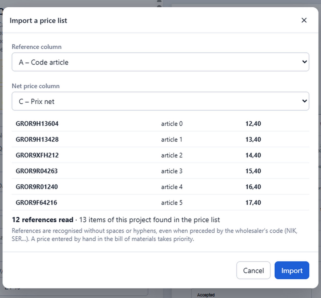 The imported price list: references read, project items found.