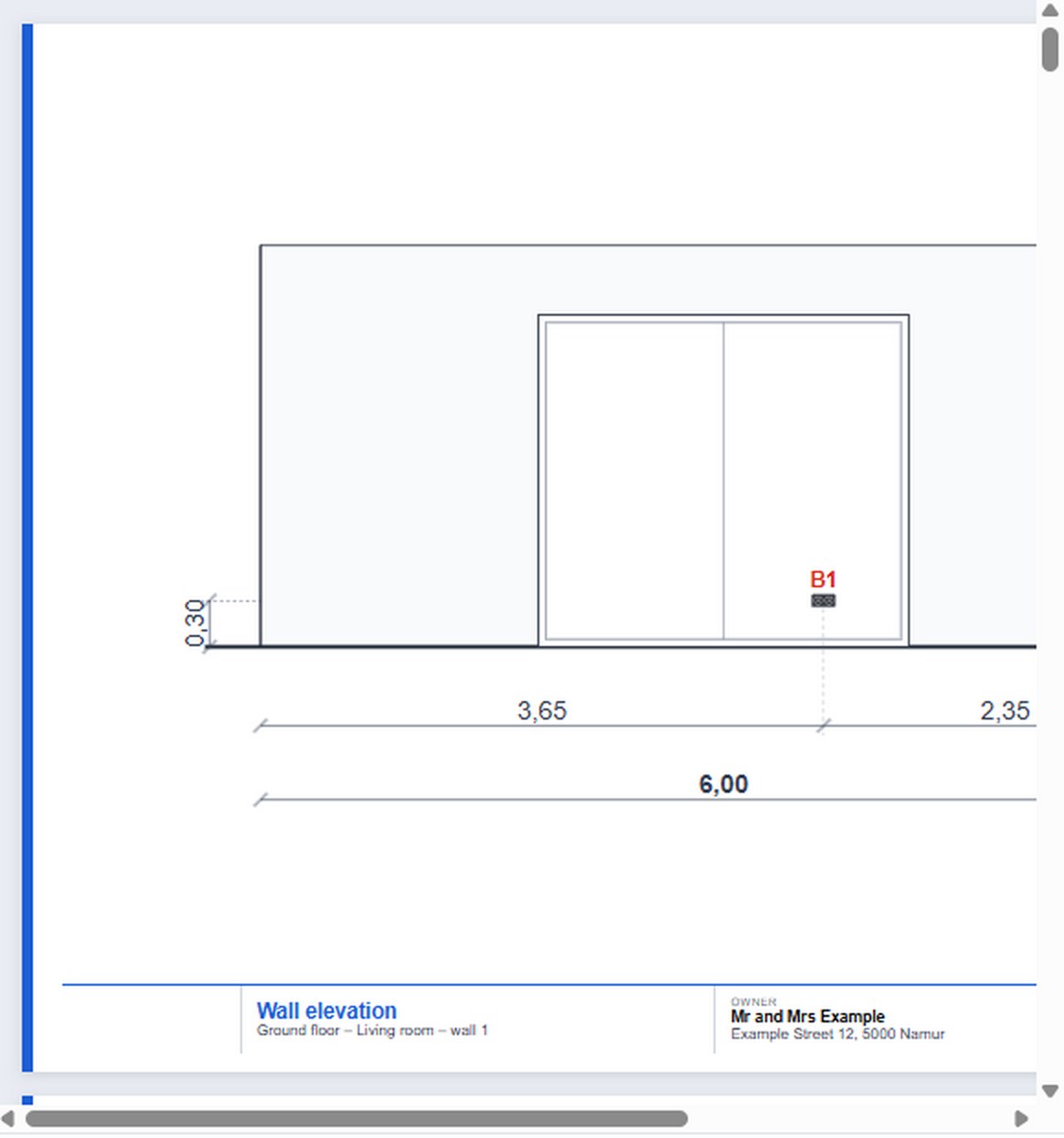 The wall elevations, room by room, dimensions included.